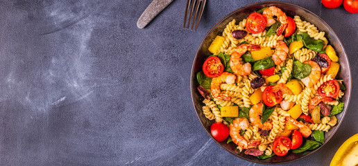 Fusili pasta salad with shrimps.