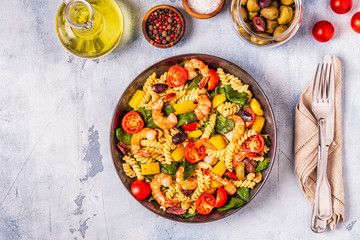 Fusili pasta salad with shrimps.