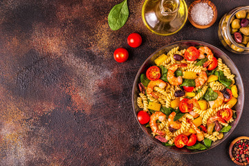 Fusili pasta salad with shrimps.