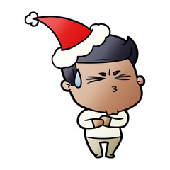 gradient cartoon of a frustrated man wearing santa hat