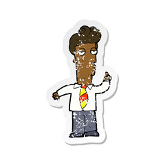 retro distressed sticker of a cartoon bored man asking question