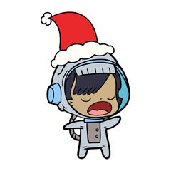line drawing of a talking astronaut woman wearing santa hat