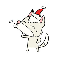 howling wolf line drawing of a wearing santa hat