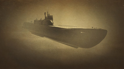 Fototapeta na wymiar Submarine, old black and white photo.