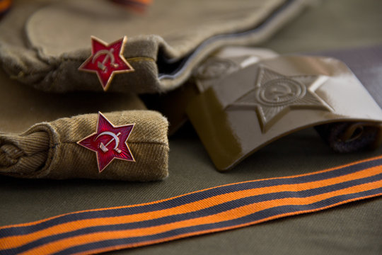 Part of the uniform of the Soviet soldier on the day of victory: forage-cap and St. George ribbon.