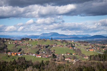 Obraz premium Schilcherland Stainz Weinstrasse vine route with vineyards and mountain Schoeckl