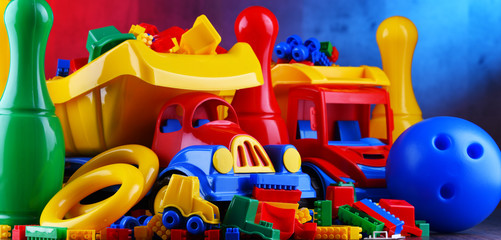 Composition with colorful plastic children toys