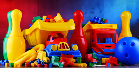 Composition with colorful plastic children toys