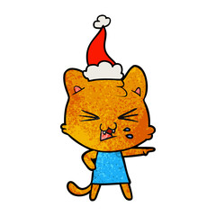 Obraz premium textured cartoon of a hissing cat wearing santa hat