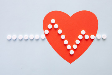 medicine, healthcare and pharmacy concept - pills and of drugs in shape of the heart and heart rhythms.