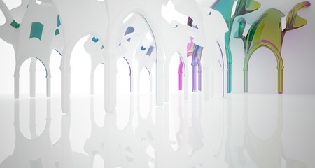 Abstract white and colored smooth gradient glasses gothic interior. 3D illustration and rendering.