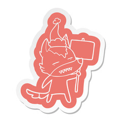 cartoon  sticker of a wolf with sign post showing teeth wearing santa hat