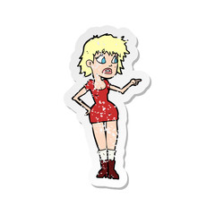 retro distressed sticker of a cartoon worried woman in dress pointing