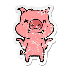 distressed sticker of a angry cartoon pig shrugging shoulders