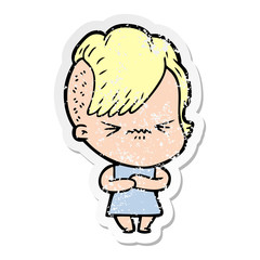 distressed sticker of a cartoon annoyed hipster girl