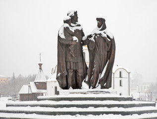 Monument to prince Alexander Nevsky with his wife princess Alexandra in Vitebsk. Belarus