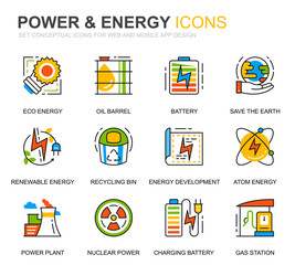 Simple Set Power Industry and Energy Line Icons for Website and Mobile Apps. Contains such Icons as Solar Panel, Eco Energy, Power Plant. Conceptual color line icon. Vector pictogram pack.