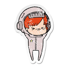distressed sticker of a angry cartoon space girl