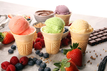 Set of ice cream scoops of different colors and flavours