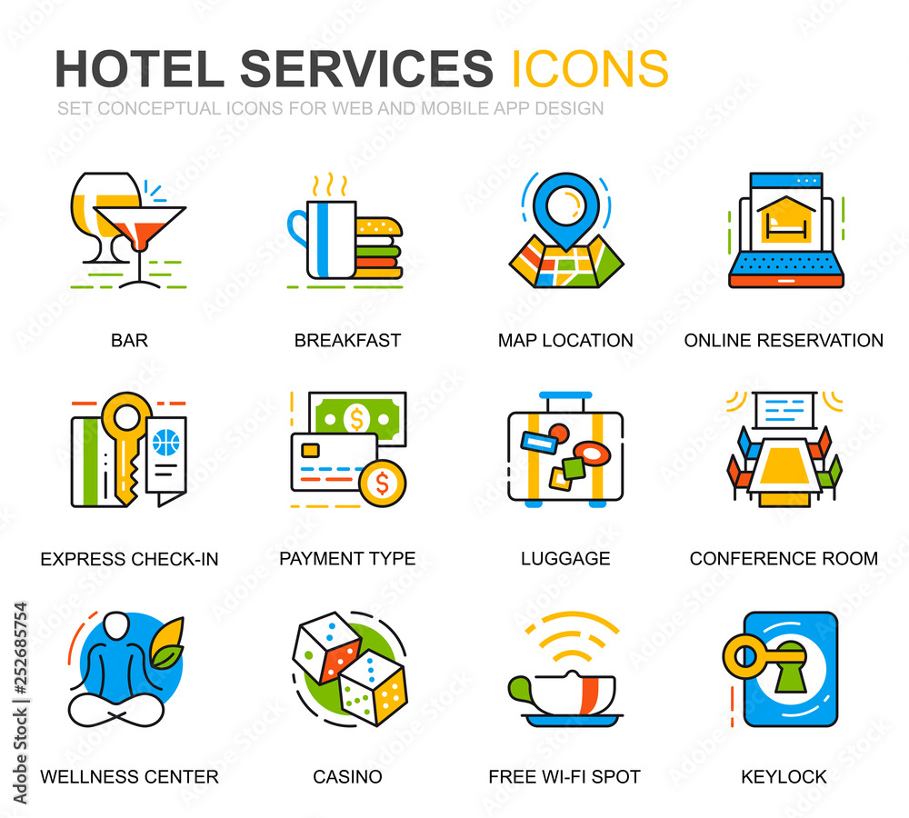 Aufkleber simple set hotel service line icons for website and mobile apps. contains such icons as restaurant, 