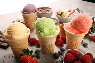Set of ice cream scoops of different colors and flavours