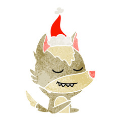 friendly retro cartoon of a wolf sitting wearing santa hat
