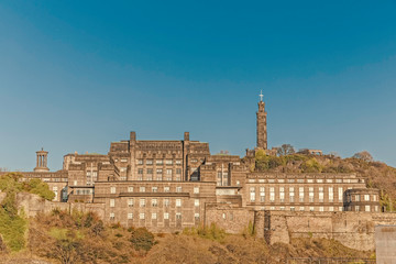 View of Calton Hill in Edinburgh Scotland with Martyr's Monument, Nelsons Monument, Dugald Stewart...