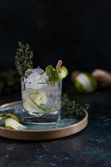 Cocktail at the bar on a dark background with lime and cucumber. Alcoholic shot with fruit and ice. Food Photography in the studio.