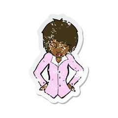 retro distressed sticker of a cartoon woman with hands on hips