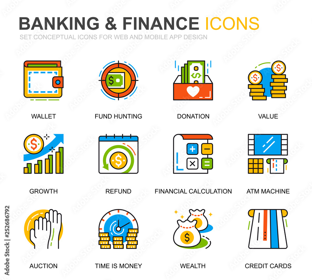 Fototapete simple set banking and finance line icons for website and mobile apps. contains such icons as balanc