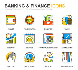 Simple Set Banking and Finance Line Icons for Website and Mobile Apps. Contains such Icons as Balance, E-Banking, Auction, Financial Growth. Conceptual color line icon. Vector pictogram pack.