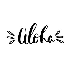 Vector hand lettering illustration. Aloha - calligraphy phrase. Design composition with typography elements.