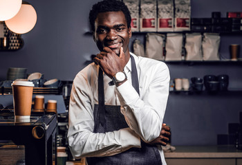 Portrait of the successful owner of the coffee shop posing with his hand on the chin and looking at the camera