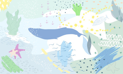 Abstract colorful fantasy underwater. Illustration Semi abstract art. Image of fish in sea. Hand painted, children painting surreal style for background