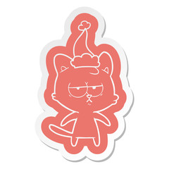 bored cartoon  sticker of a cat wearing santa hat