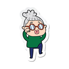 sticker of a cartoon tired woman wearing spectacles