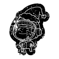 happy cartoon distressed icon of a astronaut wearing santa hat