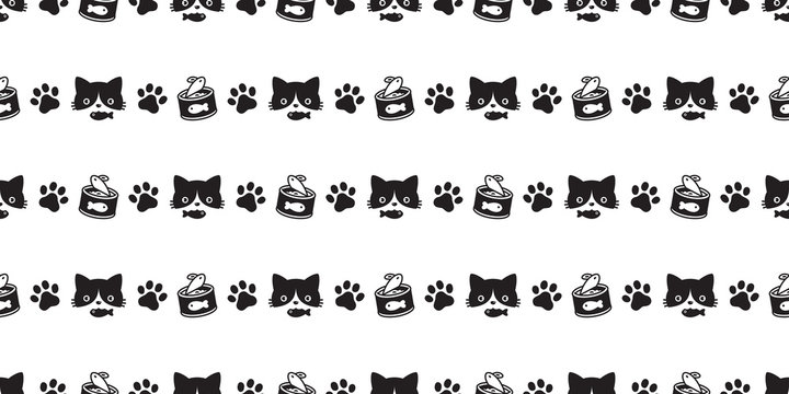 cat seamless pattern vector paw kitten food calico fish repeat wallpaper scarf isolated cartoon tile background doodle illustration