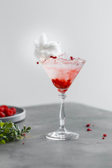 Light composition of an alcoholic cocktail with raspberries and martini. Shot with mint and berries. Food Photography in the studio.