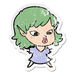 distressed sticker of a pretty cartoon elf girl