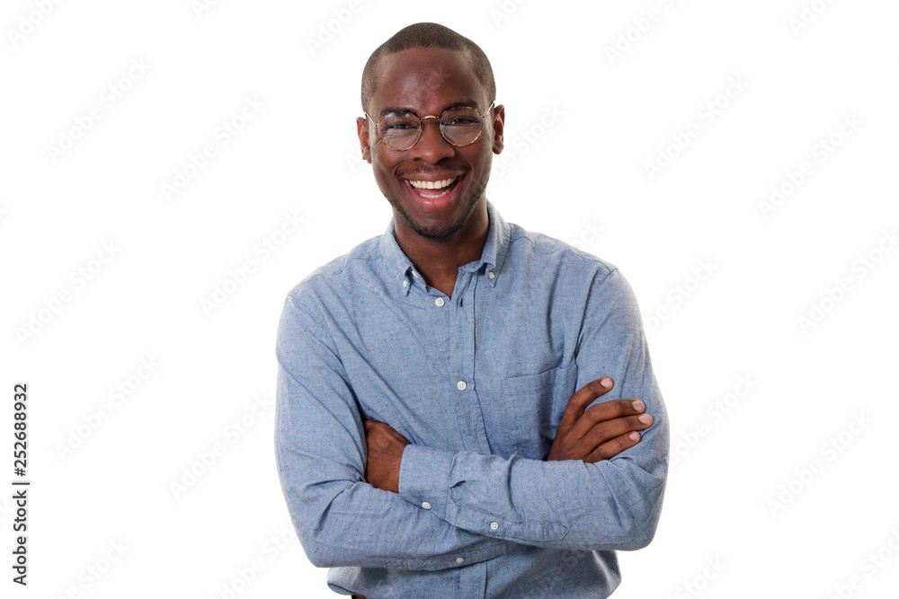 Wall mural young african american businessman with glasses smiling with arms crossed against isolated white bac - Wall murals