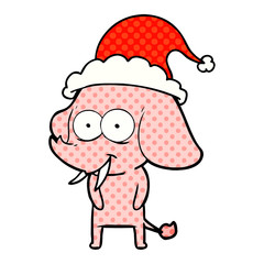 happy comic book style illustration of a elephant wearing santa hat
