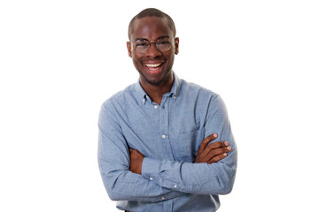 young african american businessman with glasses smiling with arms crossed against isolated white background - Powered by Adobe
