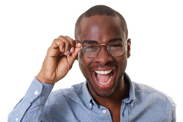 Close up young black businessman with glasses smiling against white background