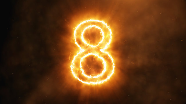 Realistic fire countdown with smoke and cloud. The fire counts from ten to zero. Abstract epic counter 3d illustration. Number 8