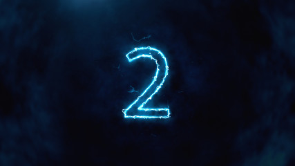 Electric and Futuristic 3D Illustration counter counting down from ten to zero. Big Numbers with fog and cloud. Number 2