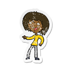 retro distressed sticker of a cartoon woman laughing and pointing