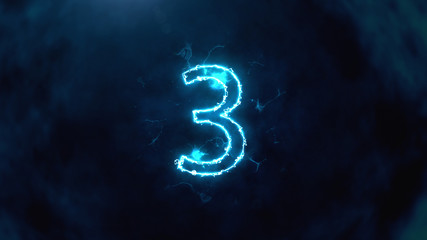Electric and Futuristic 3D Illustration counter counting down from ten to zero. Big Numbers with fog and cloud. Number 3
