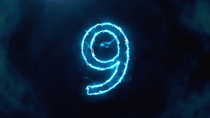 Electric and Futuristic 3D Illustration counter counting down from ten to zero. Big Numbers with fog and cloud. Number 9