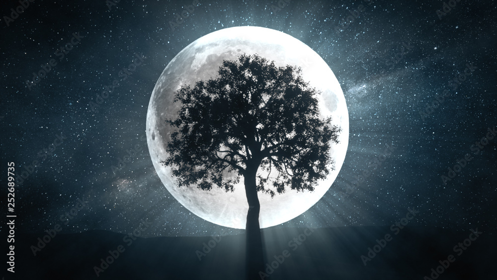 Wall mural 3d illustration of tree against the background of a full moon and a rotating universe around